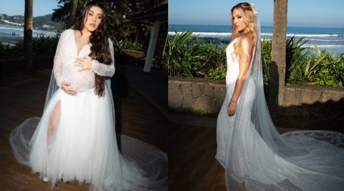 Lauana Prado aposta em vestido vintage ao se casar com Tati Dias em Ubatuba; veja detalhes da produção