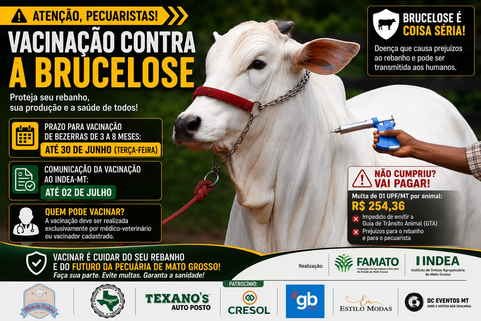 Pecuaristas de Mato Grosso têm até terça-feira (30) para vacinar bezerras contra a brucelose