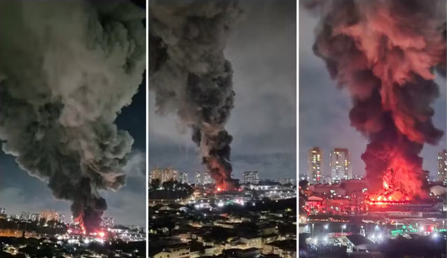 Combate a incêndio de grandes proporções em Guarulhos tem 38 bombeiros, 14 viaturas e já dura mais de dez horas