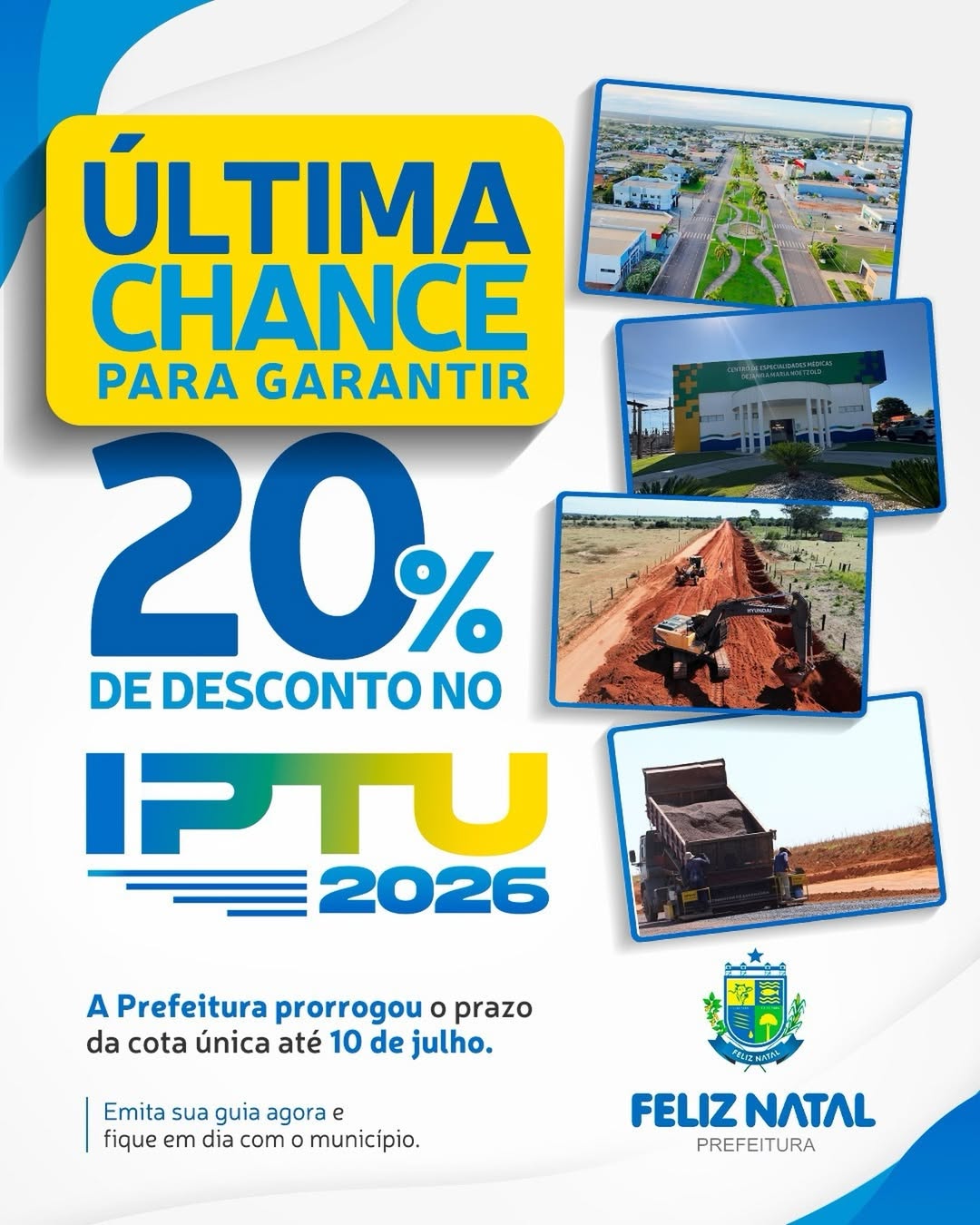 Prefeitura de Feliz Natal prorroga prazo do IPTU 2026 com 20% de desconto até 10 de julho