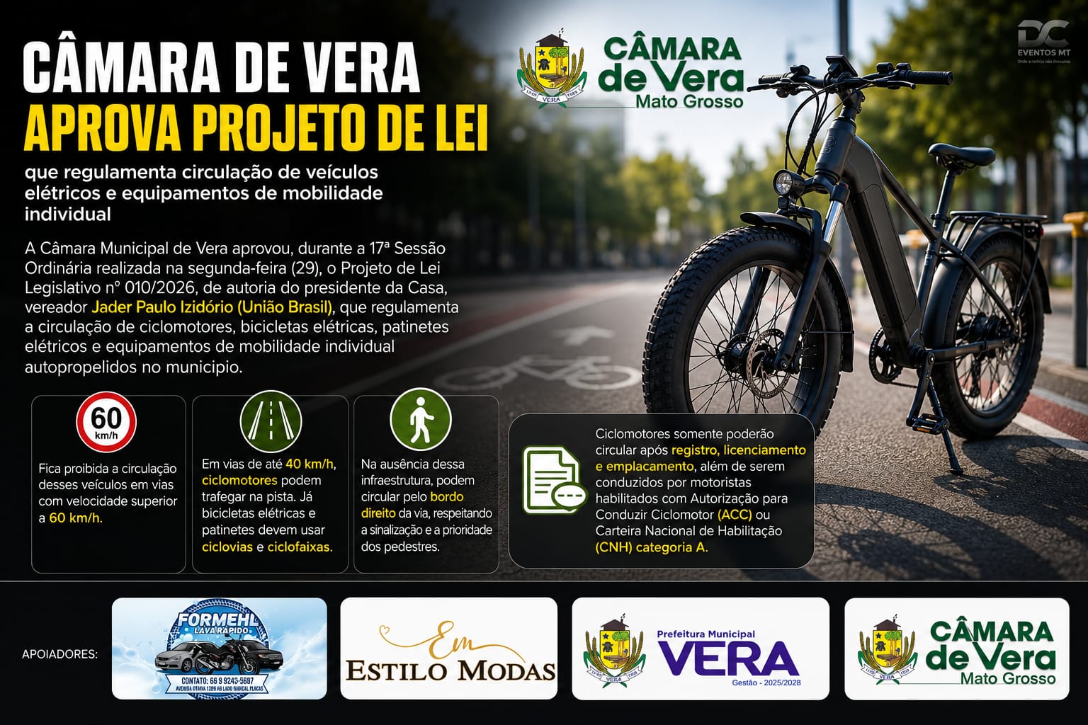 Câmara de Vera aprova projeto que regulamenta circulação de bicicletas elétricas, ciclomotores e patinetes