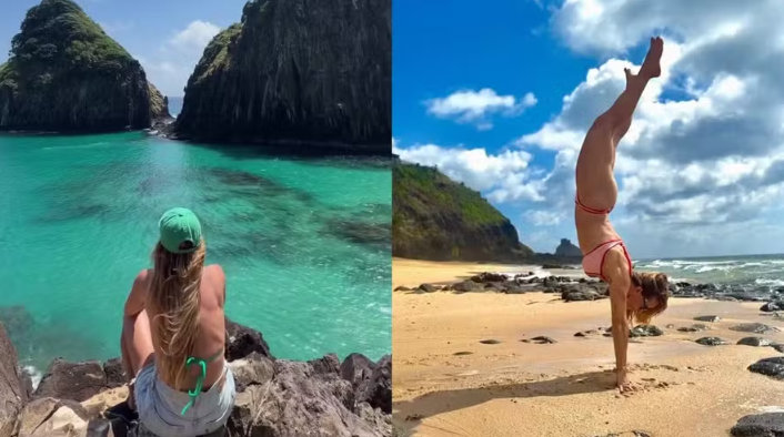 Vídeo: Bananinha posa de biquíni e ostenta equilíbrio ao fazer reversão de ioga