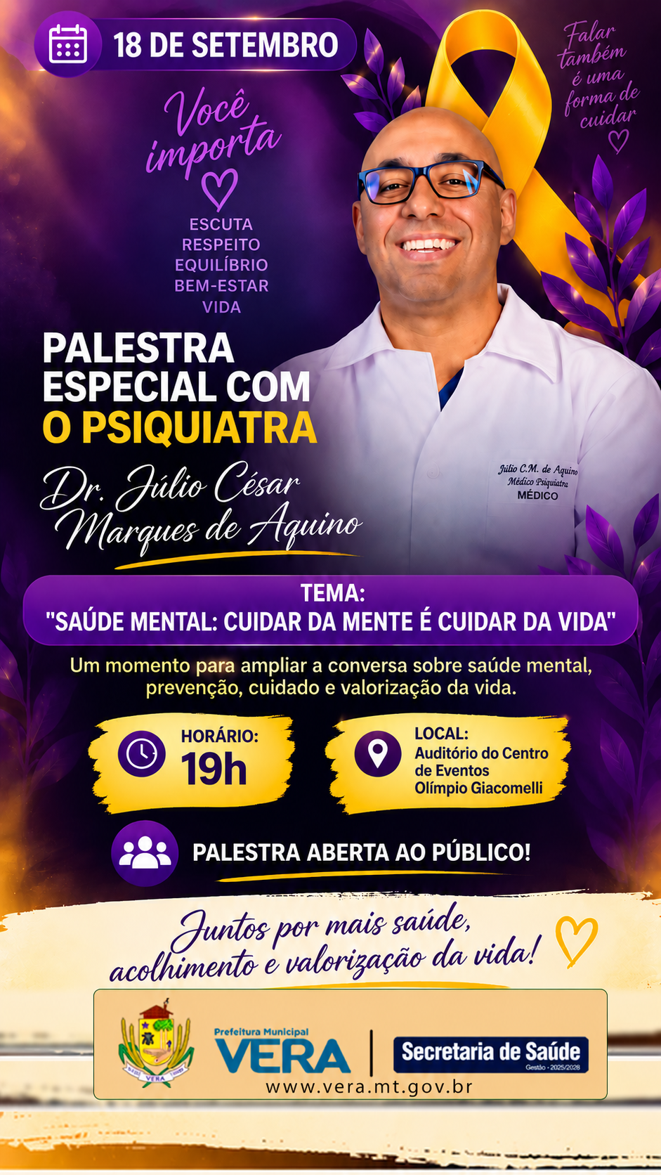 Vera recebe palestra sobre saúde mental e valorização da vida nesta sexta-feira