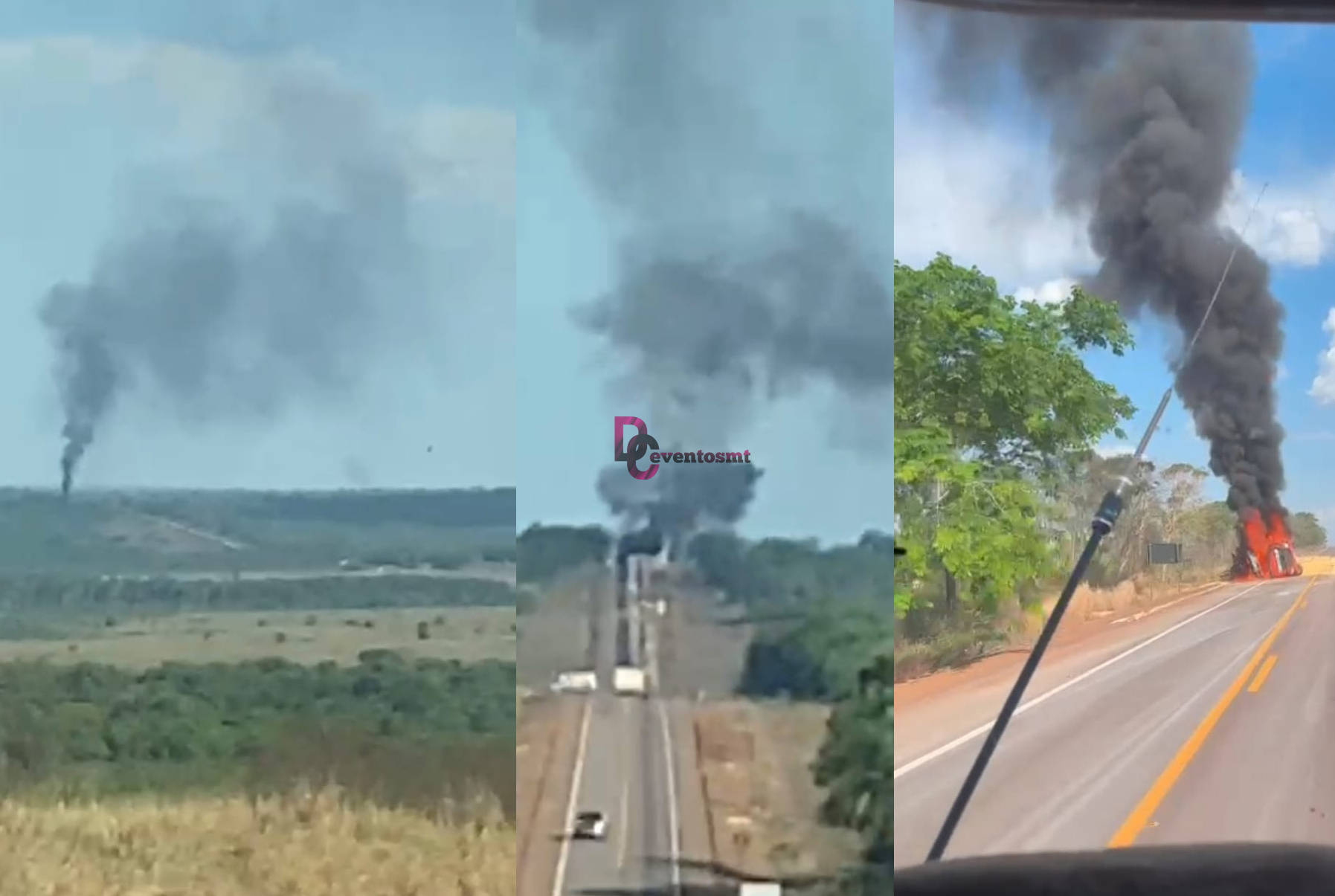Carreta carregada com grãos tomba, pega fogo e provoca longa fila na BR-163; Vídeo