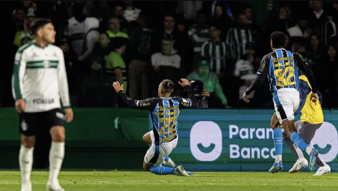Grêmio vence o Coritiba com gol nos acréscimos, encerra jejum e ganha fôlego contra o Z-4 no Brasileirão