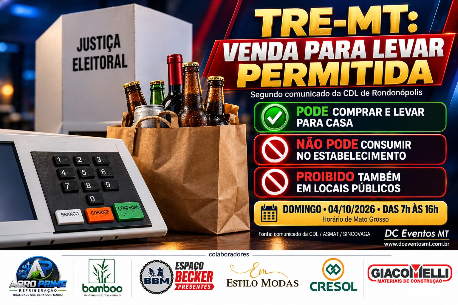 TRE-MT permite venda de bebidas para levar no domingo de eleição, segundo comunicado da CDL